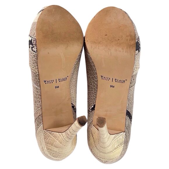 WHITE HOUSE BLACK MARKET Isaac Size 9M Beige Black Snake Print Peep Toe Heels - Picture 9 of 11